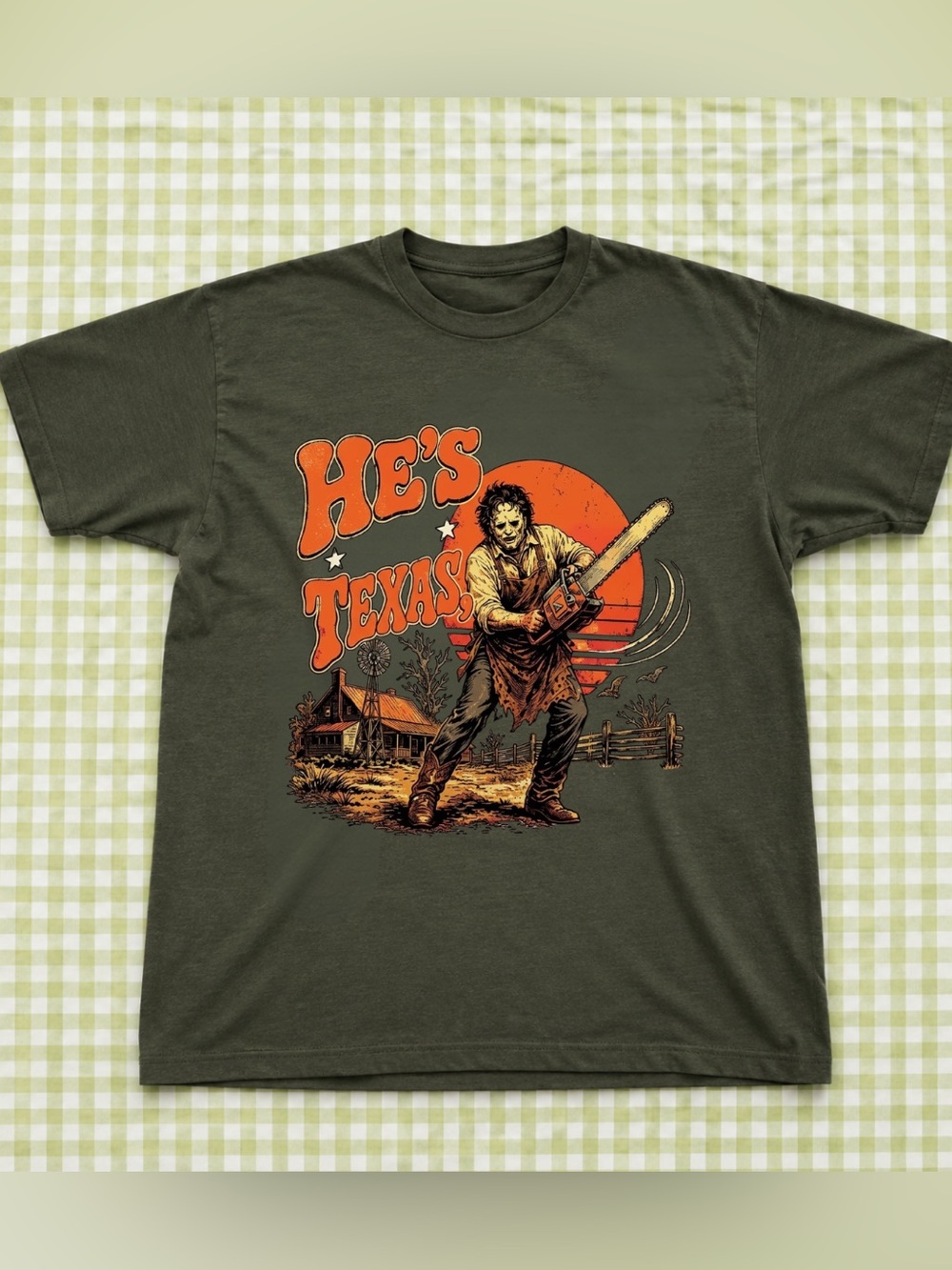 Green "He's From Texas" Graphic Tee, Vintage Horror T-Shirt, Halloween Gift